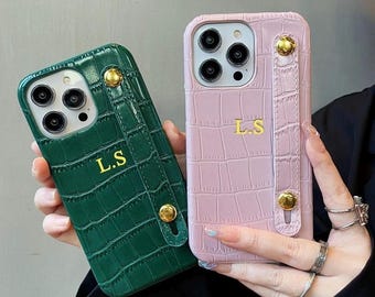 Personalized Faux Crocodile Leather Case with Strap for iPhone 15/14/13/12/11/Pro Max/Mini/Plus/X/XR/XS/XS/Se/8/7 - Shockproof Custom Cover