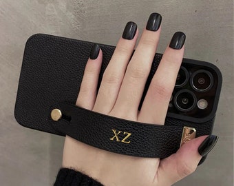 Personalized Black iPhone Case with Strap/Holder/Stand - iPhone 16/15/14/13/12/11/Pro Max/Plus - Custom Shockproof Cover & Camera Protection