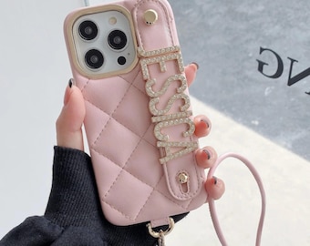 Personalized Luxury Faux Leather Case for iPhone 15/14/13/12/11/Pro/Pro Max/Plus - Custom Name/Initials in Gold/Diamonds - Shockproof Cover