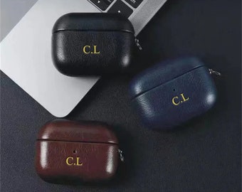 Personalized Initials/Name PU Leather Apple AirPods Case with Keychain - AirPods 1, 2, 3, Pro 1, Pro 2 - Unique Luxury Gift Shockproof Cover