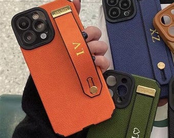 Personalized Initials Case with Strap/Holder for iPhone 16/15/14/13/12/11/Pro Max/Plus/X/XR/XS - Custom Luxury with Shockproof Camera Cover