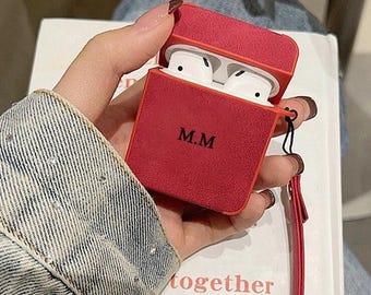 Personalized PU Leather Apple AirPods Case with Wristband - AirPods 1/2/3/Pro 1/Pro 2 - Unique Square Luxury Shockproof Cover