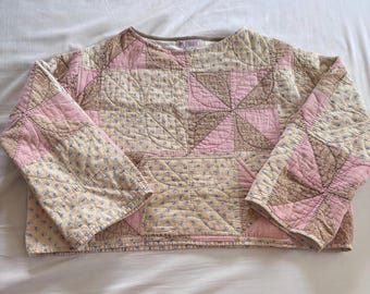 Handmade vintage quilt pullover- pink yellow brown - Small