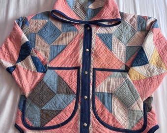 Handmade Coral and Blue Quilt Coat: Vintage 1940s Feedsack Jacket - Small