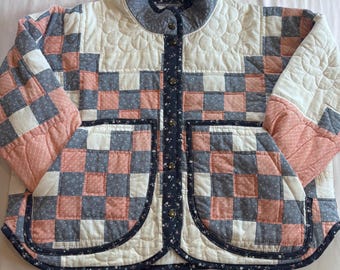 Handmade Quilt Coat: Vintage Peach and Blue Irish Chain Quilt, Flora Jacket - Large