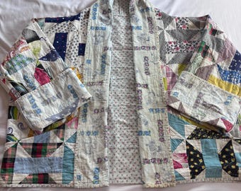 Vintage Quilt Coat: Hand-Pieced 60s Prints, Shawl Collar, Hand-Quilted Jacket
