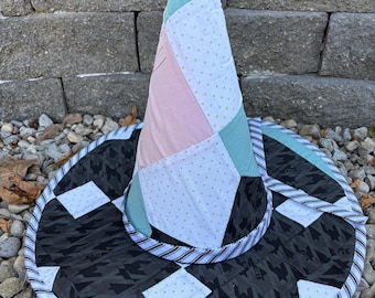 Upcycled Quilt top Witch Hat- black and white 2
