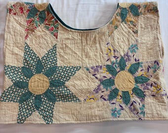 Upcycled Quilt Cropped Boxy Top- Feedsack Star Flowers- Medium
