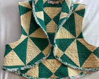 Bolero Vest from vintage handsewn green triangle quilt Medium