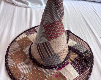 Upcycled Quilt top Witch Hat- antique brown