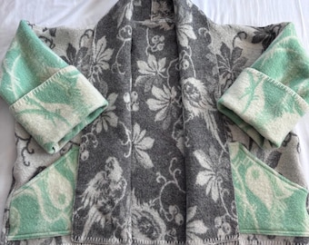 Handmade Wool Blanket coat- Green and Gray Parrots- Norwegian Wool