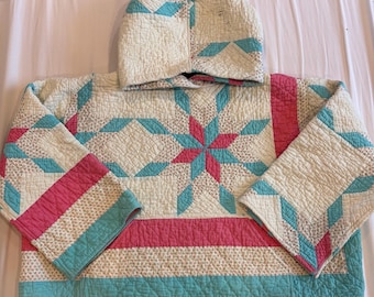 Handmade vintage quilt hoodie- Pink and Blue Diamond Star- Large/ XL