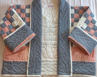 Vintage Quilt Coat: Blue and Peach Irish chain