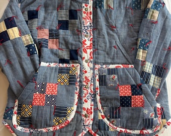 Handmade Quilt Coat: Vintage Blue Chambray patchwork tie Quilt, Flora Jacket - Medium
