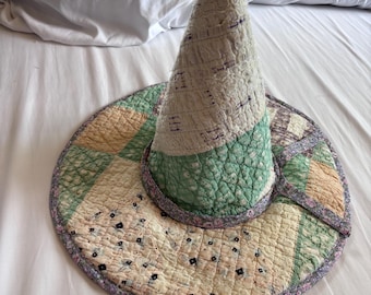 Upcycled Quilt top Witch Hat- tattered green