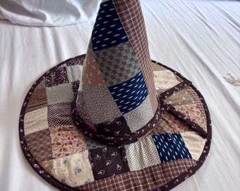 Upcycled Quilt top Witch Hat- antique brown