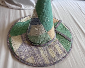 Upcycled Quilt top Witch Hat- tattered green