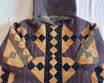 Handmade vintage quilt hoodie- pink/indigo yellow patch Pattern - small/medium