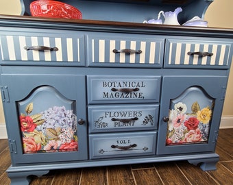 Blue Farmhouse Hutch/Hand Painted/Floral/China Cabinet/Refinished