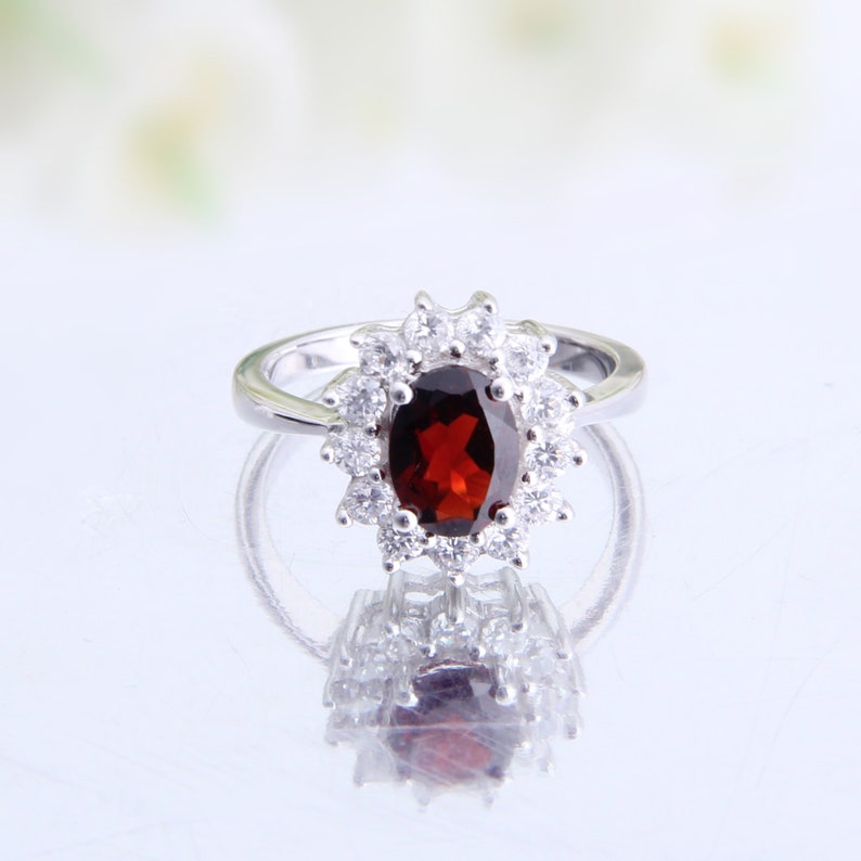 Natural Red Garnet Gemstone Halo Statement Ring Sterling Silver gift for Her