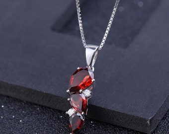 Red Garnet Sterling Silver Necklace, Three Stones Garnet Necklace, Red Garnet Gemstone Necklace, January Garnet Birthstone Necklace