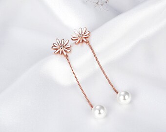 Pearl Rose Gold Drop Earrings, Flower and Pearl Drop Earrings, Pearl Drop Earrings, Flower Drop Earrings, Gift for her Earrings