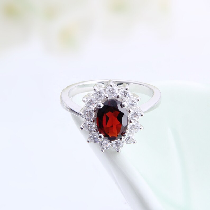 Natural Red Garnet Gemstone Halo Statement Ring Sterling Silver gift for Her