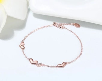 Three Hearts Rose Gold Filled Bracelet, Sterling Silver Hearts Bracelet, Hearts Rose Gold Bracelet, Hearts Bracelet