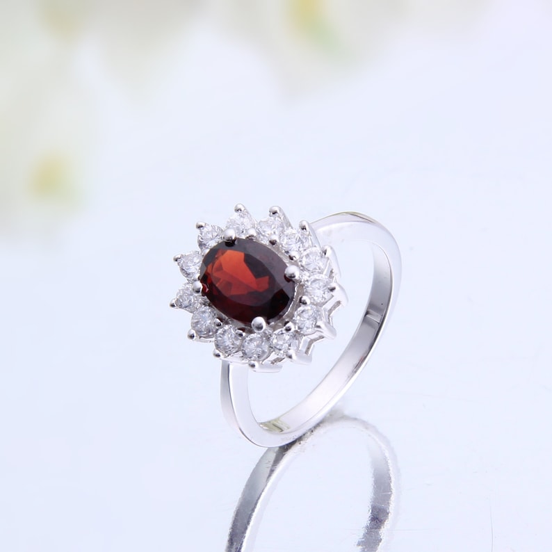 Natural Red Garnet Gemstone Halo Statement Ring Sterling Silver gift for Her