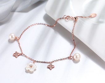 Pearl Flower Rose Gold Adjustable Bracelet, Pearl Gold Bracelet, Sterling Silver Rose Gold Flower Bracelet, Flower Adjustable Bracelet