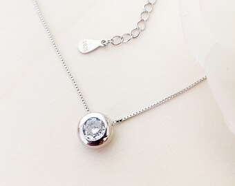 Minimalist Round Pendant Silver Necklace, Small CZ Stone Pendant Necklace, Gift for her Necklace