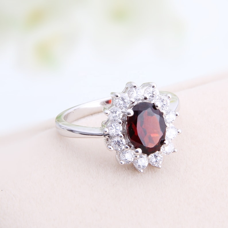 Natural Red Garnet Gemstone Halo Statement Ring Sterling Silver gift for Her
