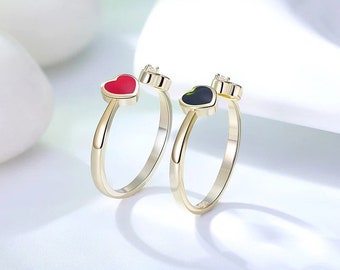 Minimalist Heart Open Ring, Small Heart Ring, Red Heart Ring, Black Heart Ring, Heart Open Ring S925 18KGP