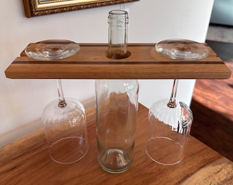 Handcrafted Wooden Wine Caddy: Bottle & Glass Holder