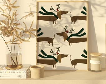Dachshund Christmas Poster - Sausage Dog Holiday Wall Art - Printable Xmas Gift for Dog Lovers