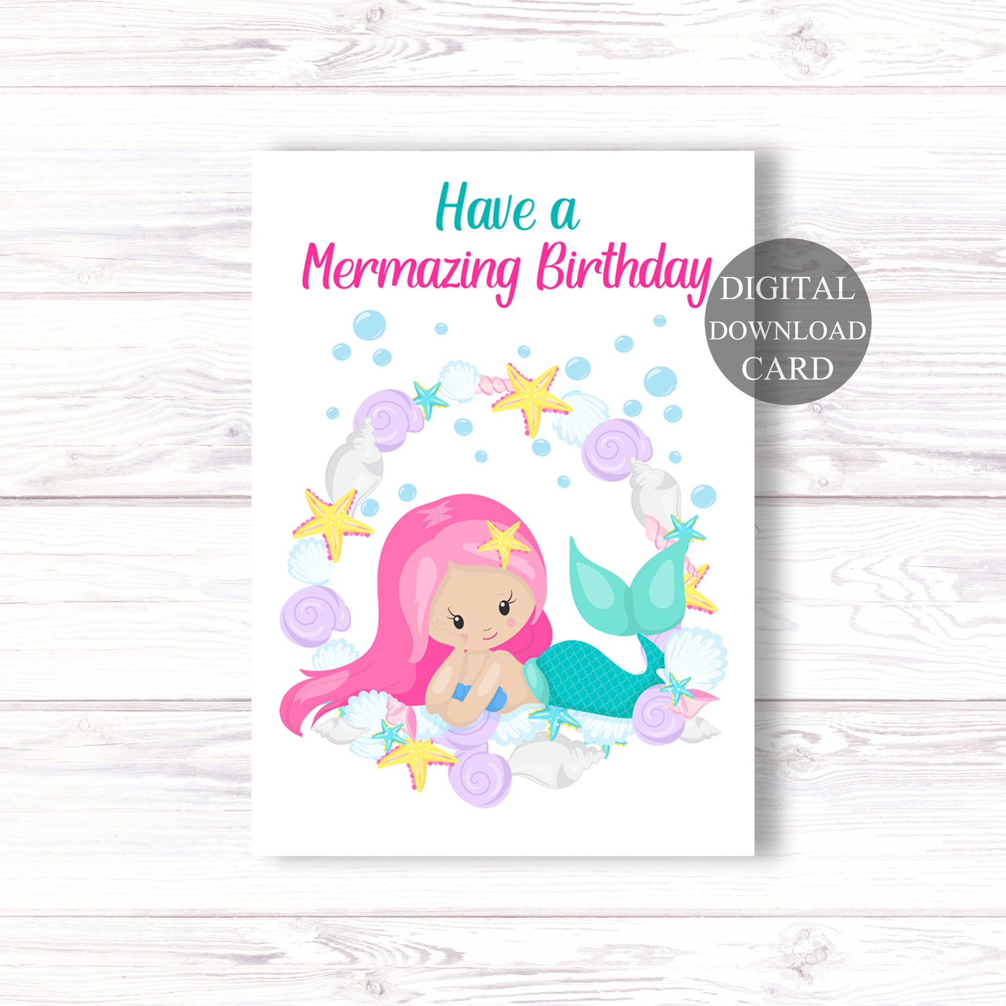 Printable Mermaid Birthday Card Instant Download Cute Card | Etsy Canada