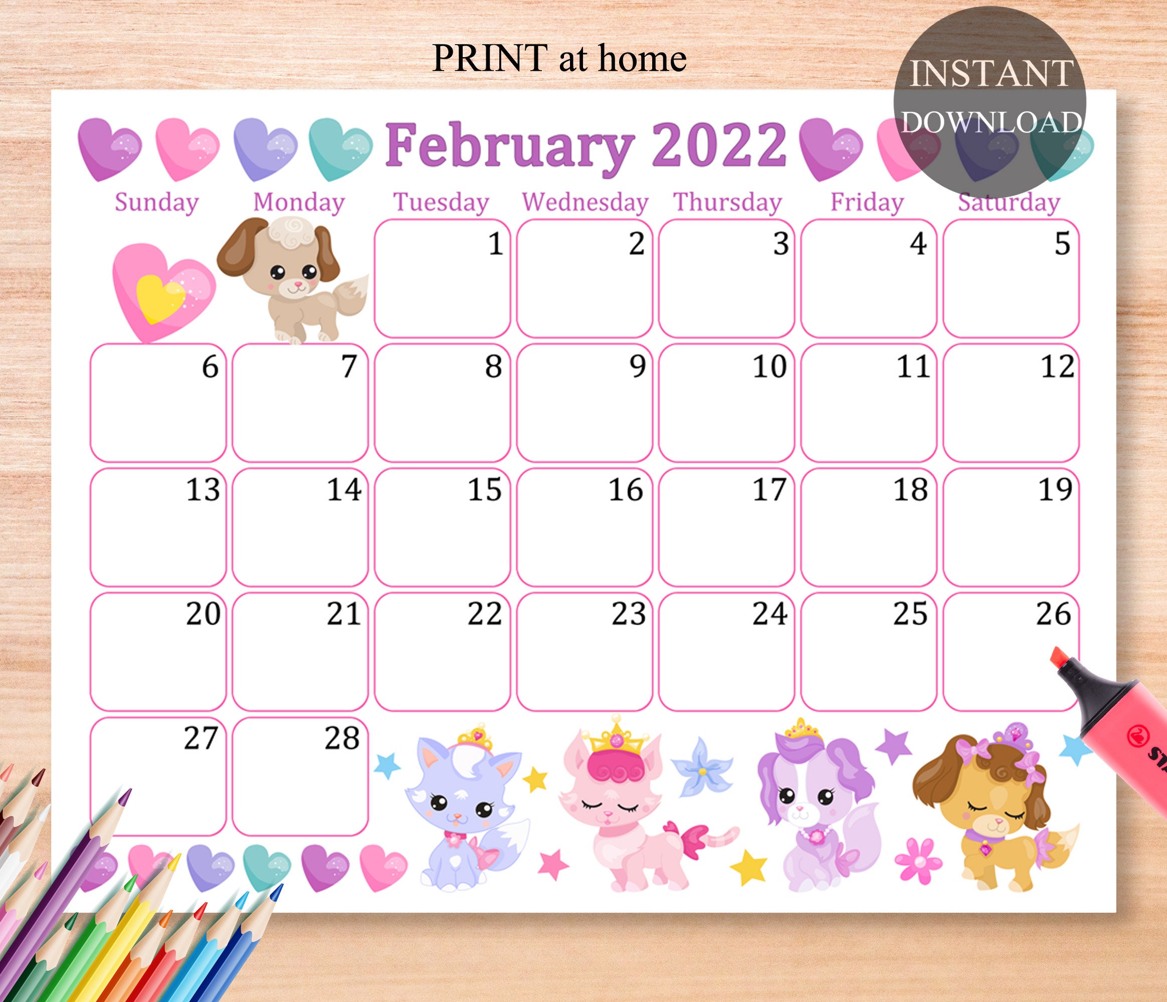 February 2022 Calendar Digital Download Monthly Calendar for | Etsy
