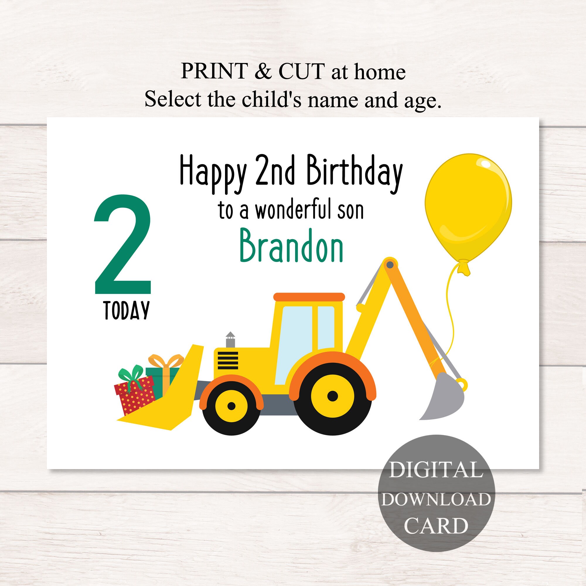 Personalized 2nd Birthday Card Printable Digger 2nd Birthday | Etsy
