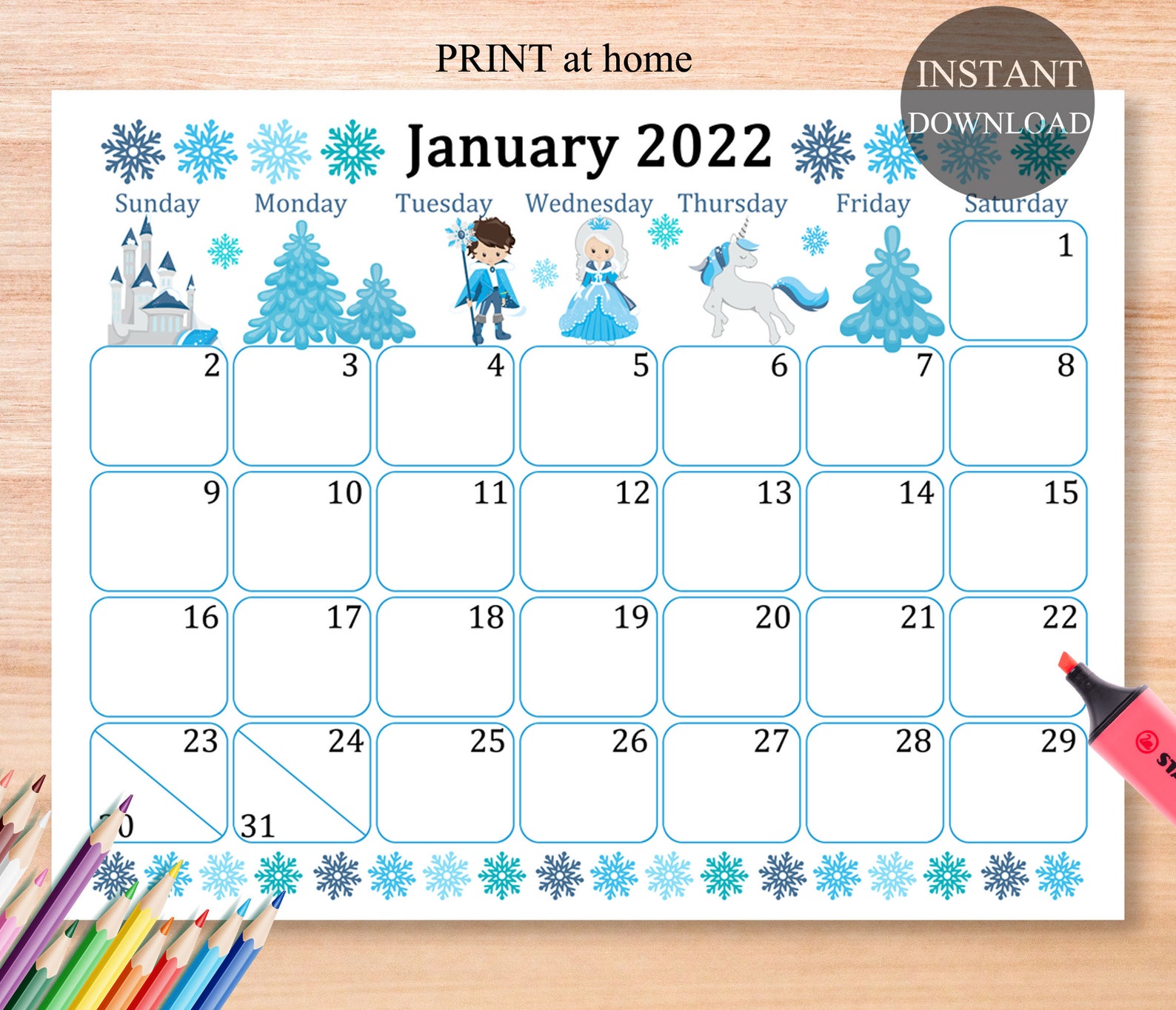 January 2022 Calendar Digital Download Monthly Calendar For Etsy