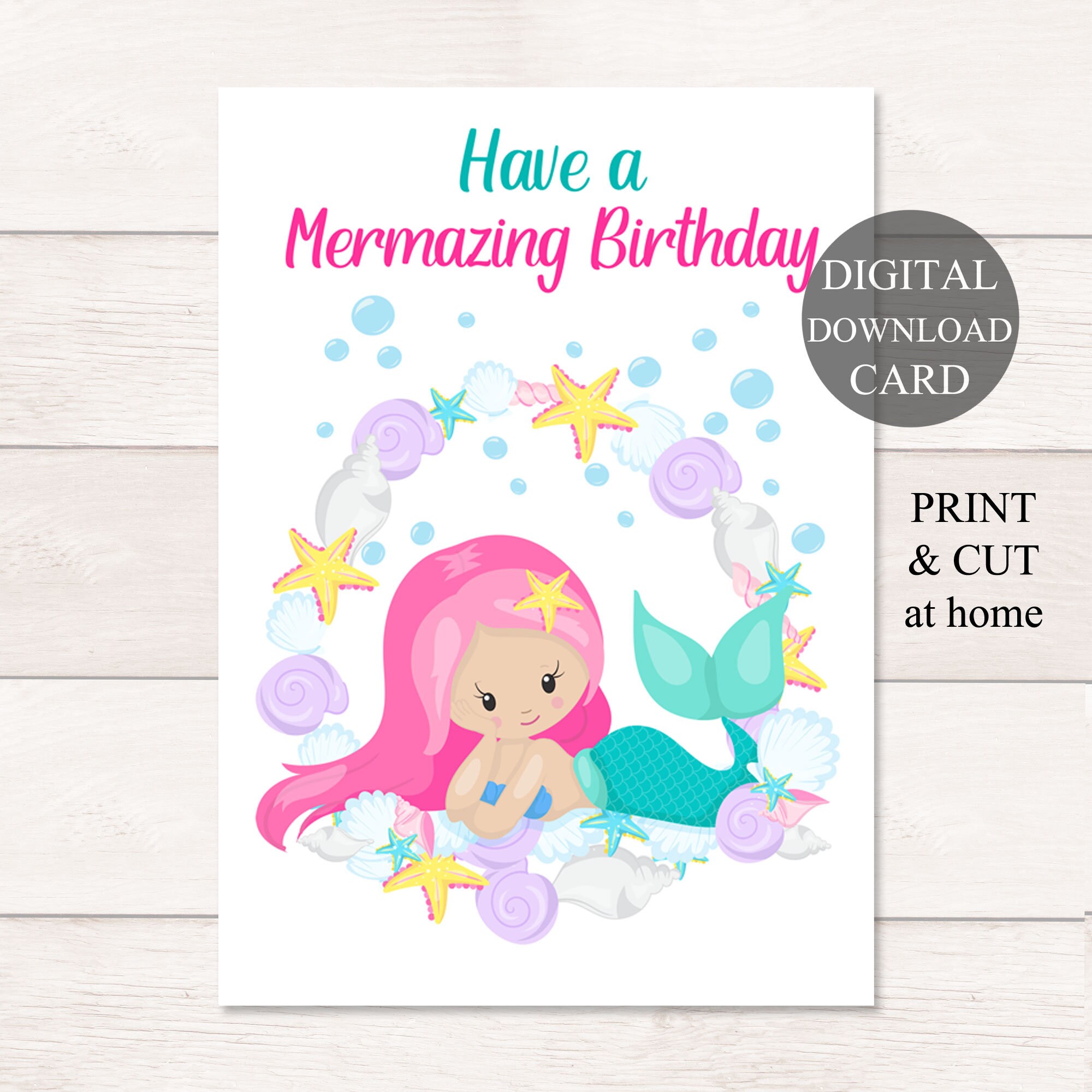 Printable Mermaid Birthday Card Instant Download Cute Card | Etsy