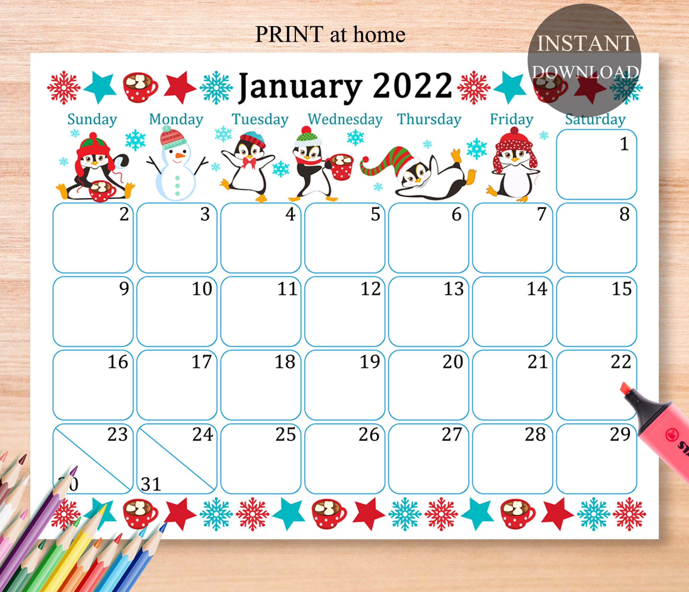 January 2022 Calendar Digital Download Monthly Calendar for | Etsy