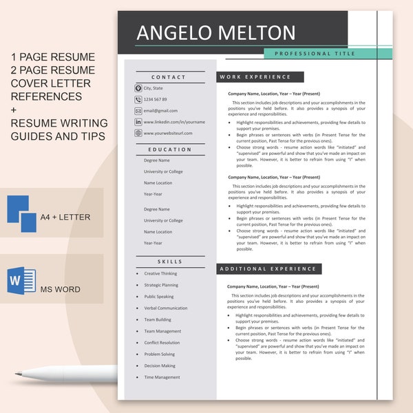Unique Resume Template for Microsoft Word, Modern Resume Template Digital, Creative Resume Template and Cover Letter Instant Download