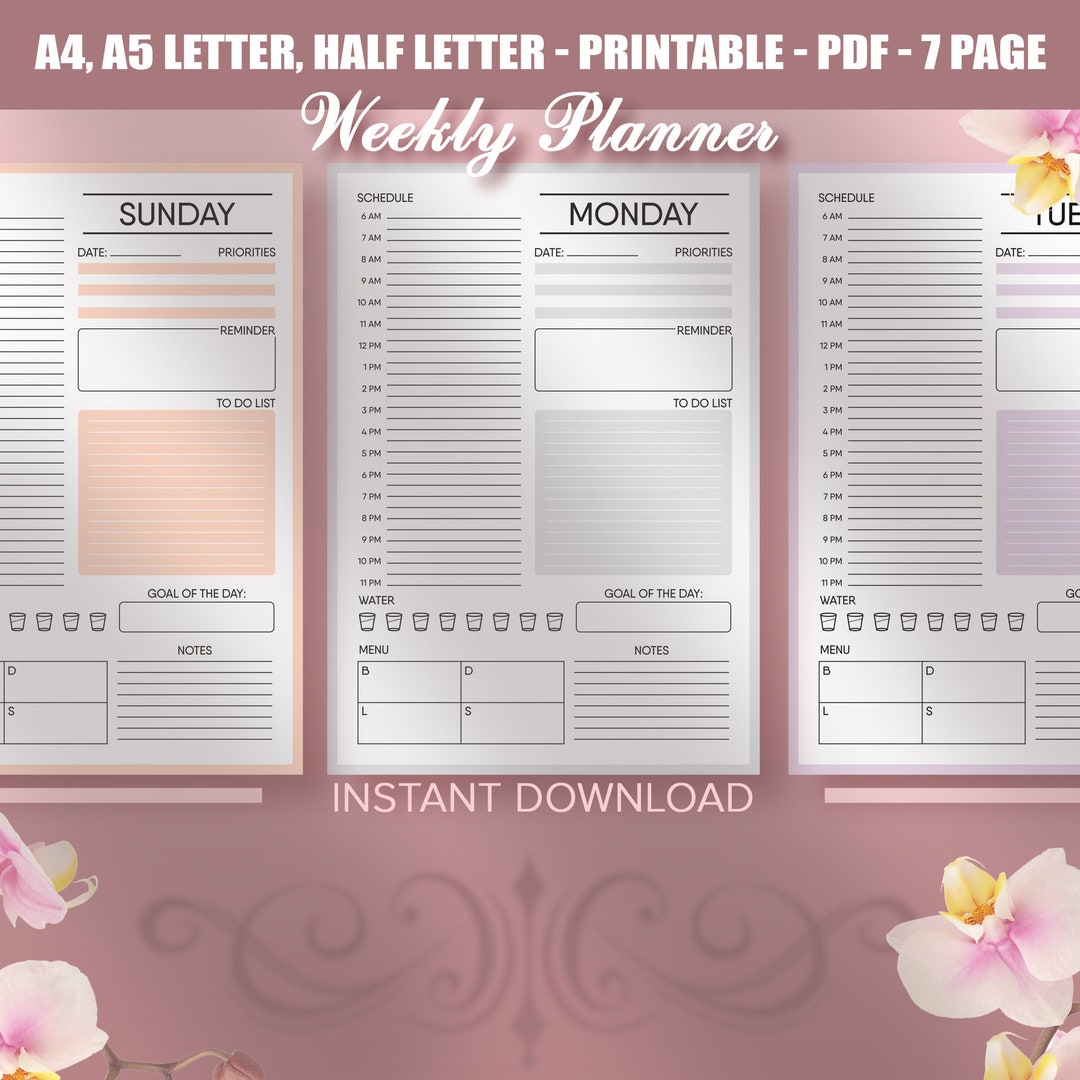 Undated Weekly Planner Printable A4, A5, Letter, Half Letter, Daily ...