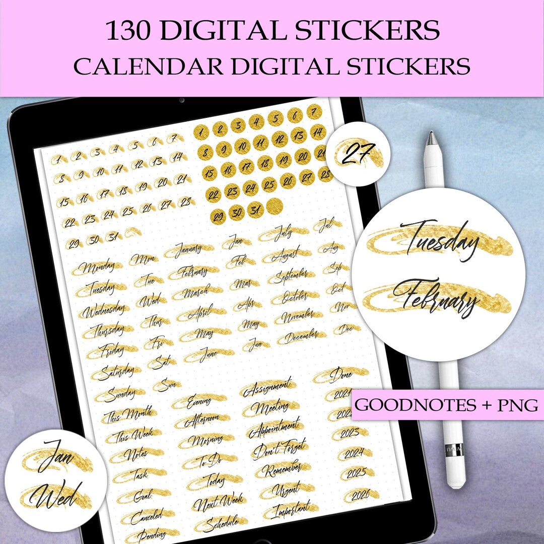 Gold Calendar Goodnotes Planner Stickers, Dates, Days of the Week ...