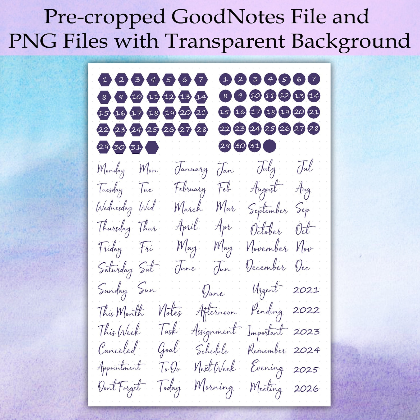 Purple Calendar Goodnotes Digital Planner Stickers Dates Days - Etsy