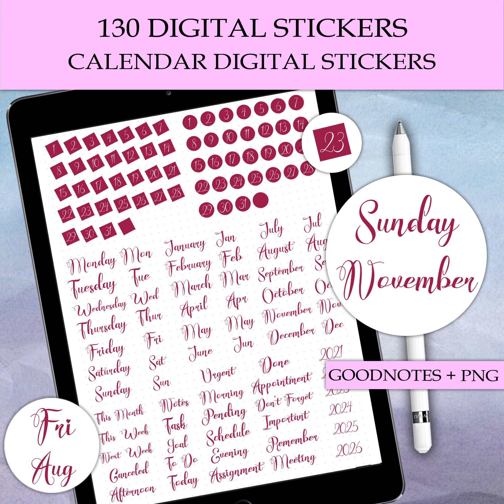 Calendar Digital Stickers Dates Days of the Week Months Etsy