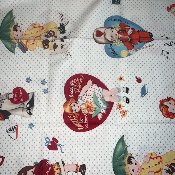 1/2 Yd Rare vintage Valentines Print Retro Kids par Faye Burgos pour Marcus Brothers Cotton Fabric 2165