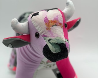 Keepsake personalized stuffed animal cow  made from first baby outfits , custom made soft toys for baby girls and baby boys, memory plush