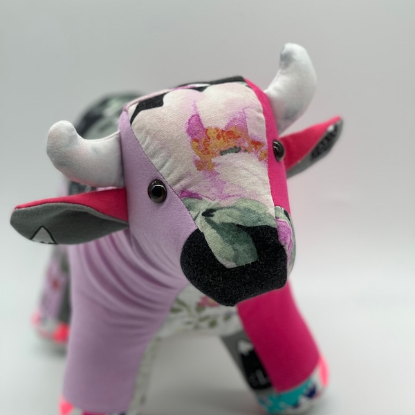 Keepsake personalized stuffed animal cow  made from first baby outfits , custom made soft toys for baby girls and baby boys, memory plush