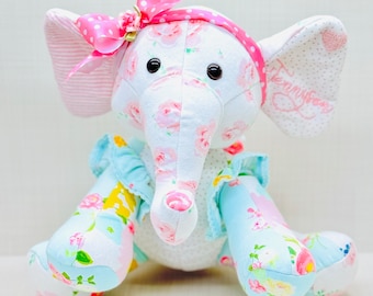 Baby keepsake toy made from outgrowing baby clothes , Custom stuffed elephant , Memory Teddy Bear